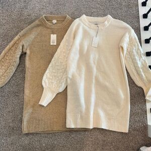 Two Cable Knit Mini Sweater Dresses - Beige and Cream